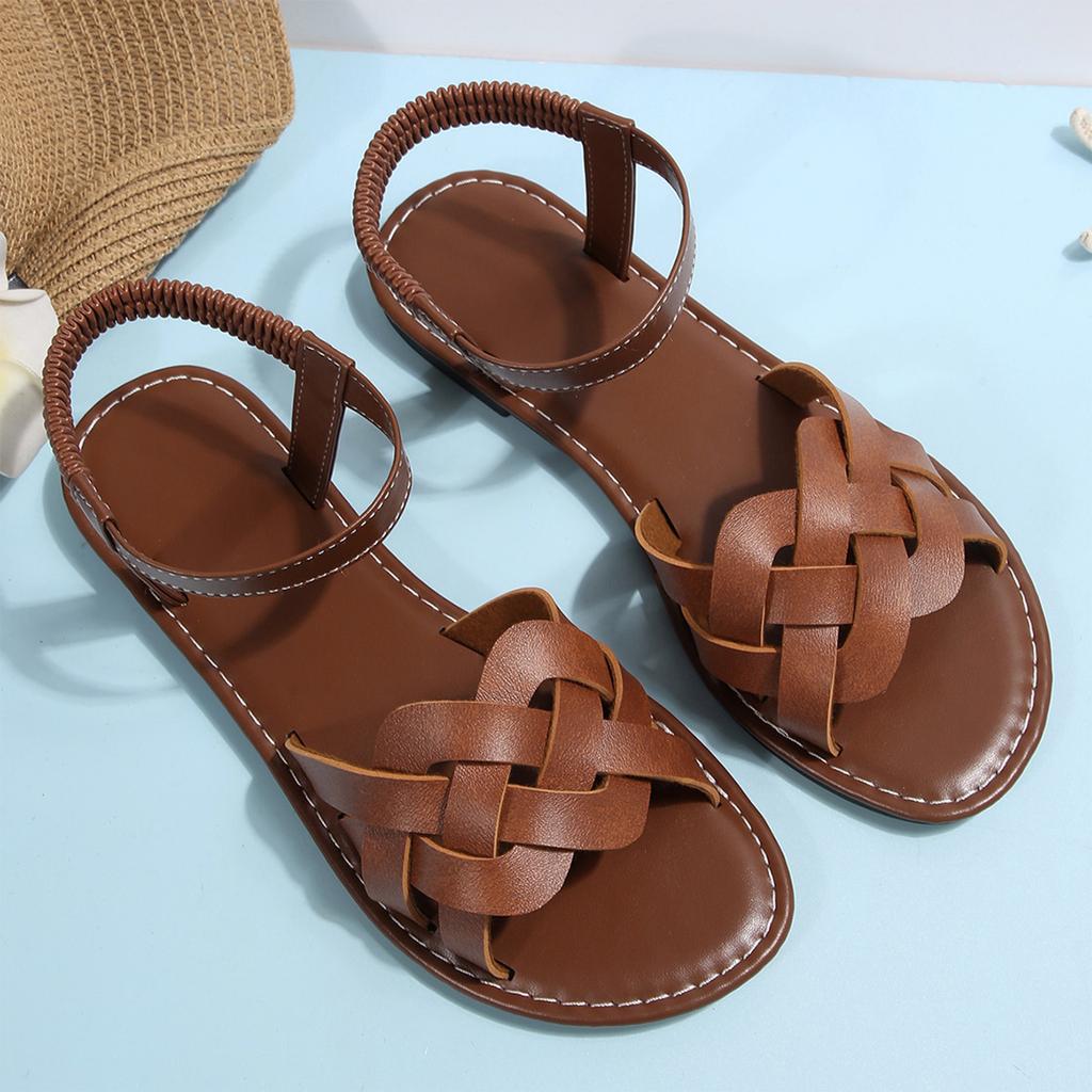Summer flat woven elastic band retro women's sandals