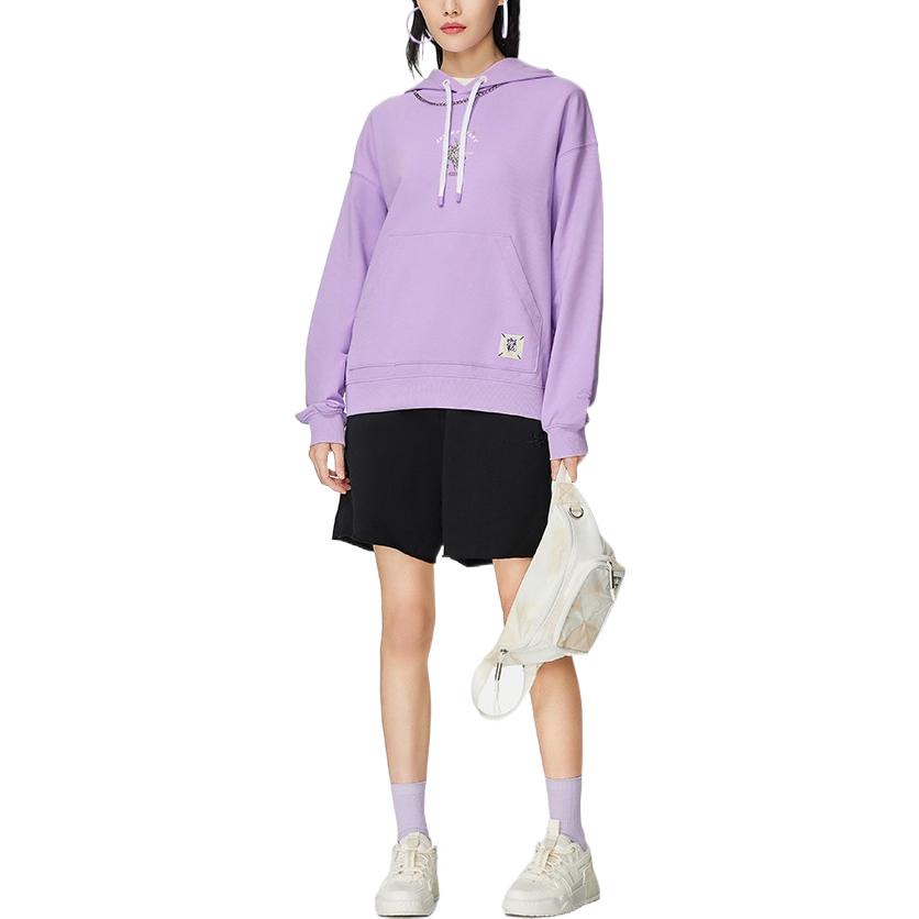 Li-Ning Sports Trend Series Plant Embroidery Loose Hoodie Long Sleeve Sweatshirt Women Tops Purple AWDS920-2