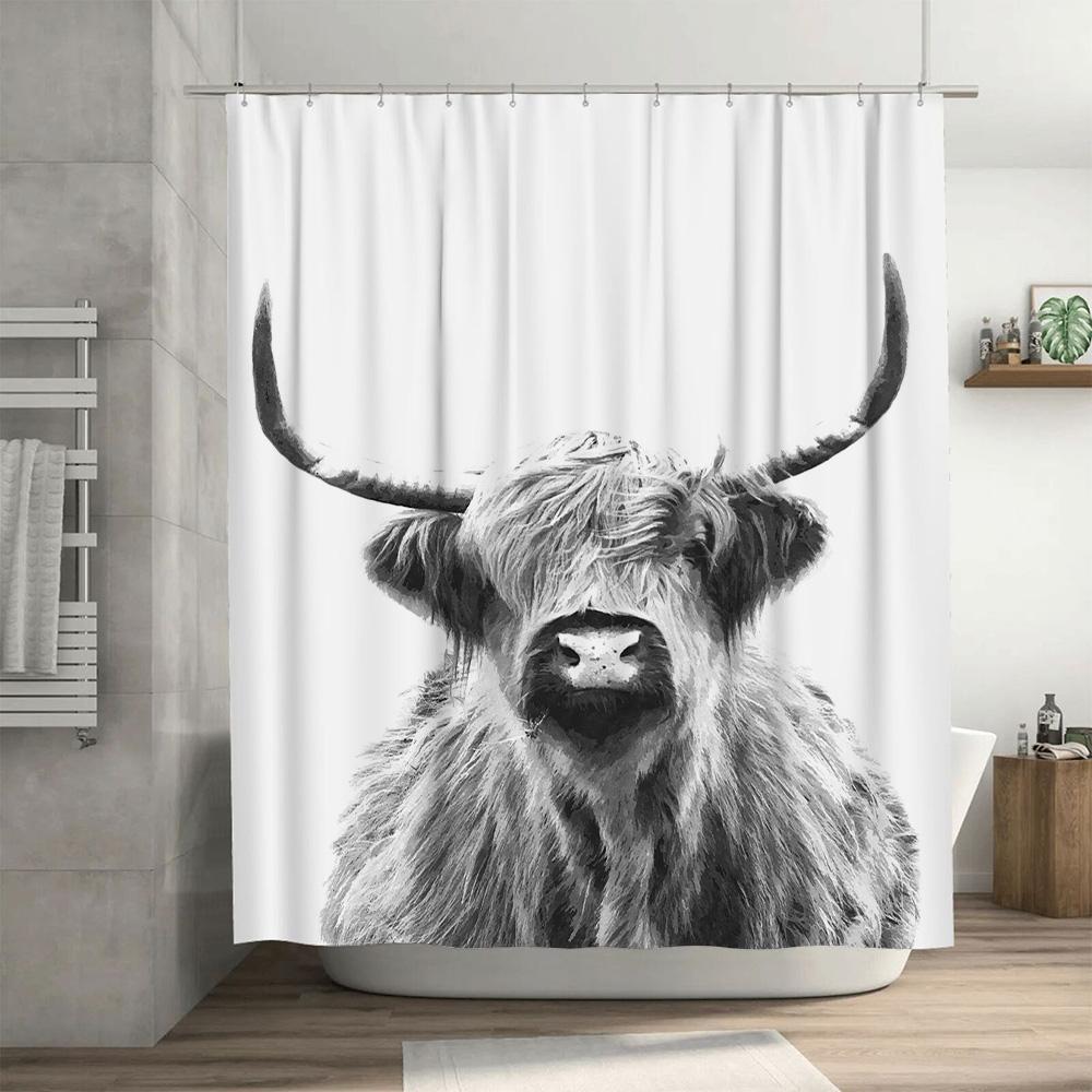 Black and White Highland Cow Shower Curtain Bathroom Decoration Waterproof Printed Bath Mat Decorative Liner Home Accessories