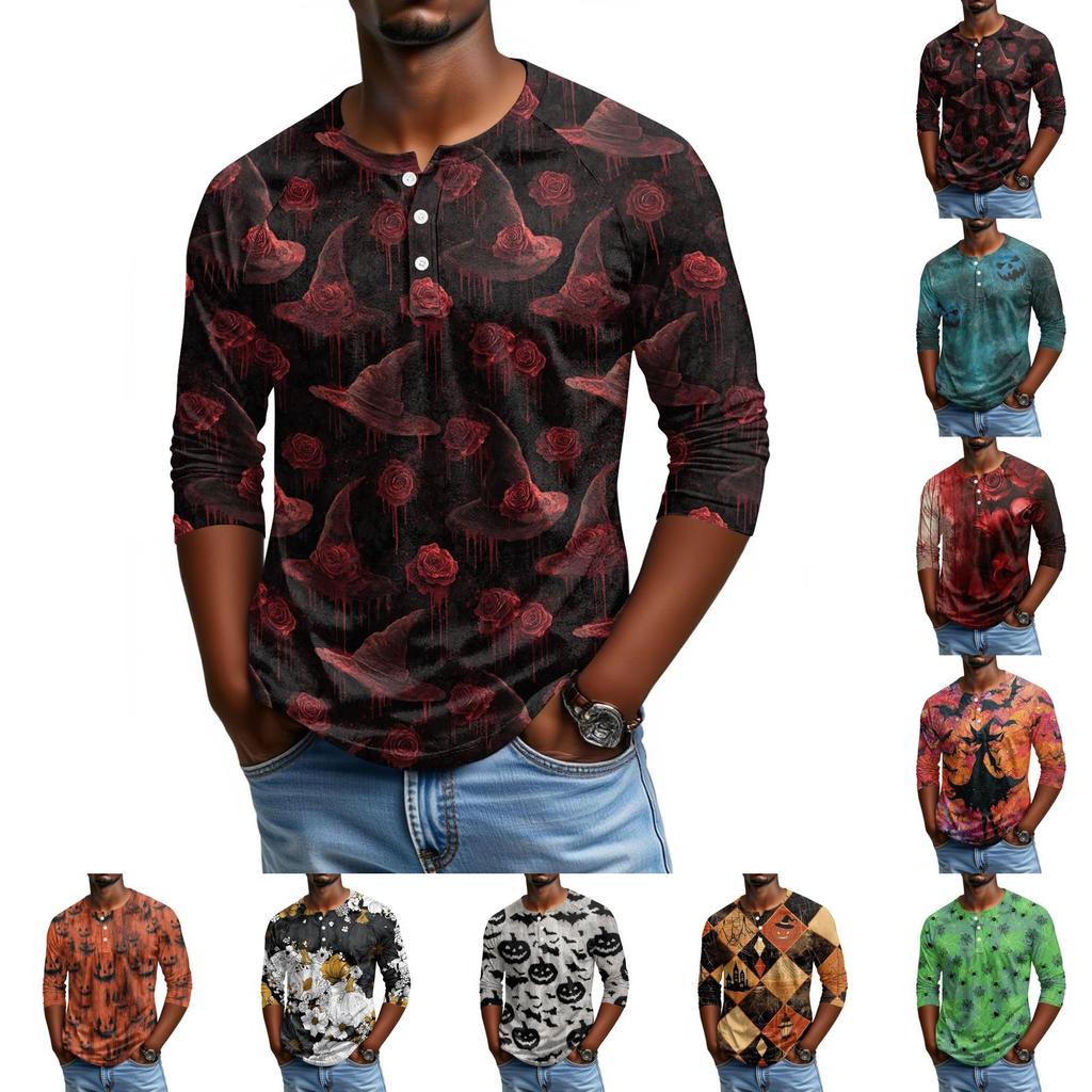 Men's Casual Halloween Print Henley Shirt Raglan Three Quarter Sleeve Top Comfortable Fit Lightweight Fabric