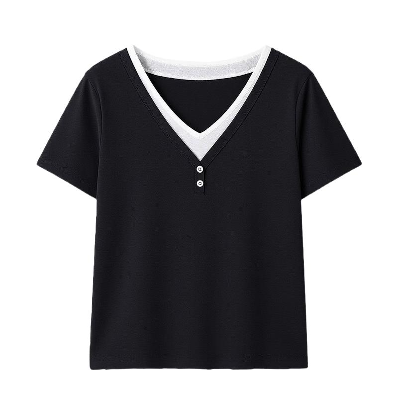 Women s V-Neck Contrast Button Faux Two-Piece T-Shirt L