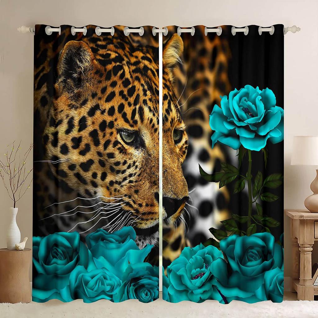 Retro Colorful Rose Animal Lion Print Curtains Living Room Study Children's Room Decorative Curtains Easy To Wash And Care 2PCS