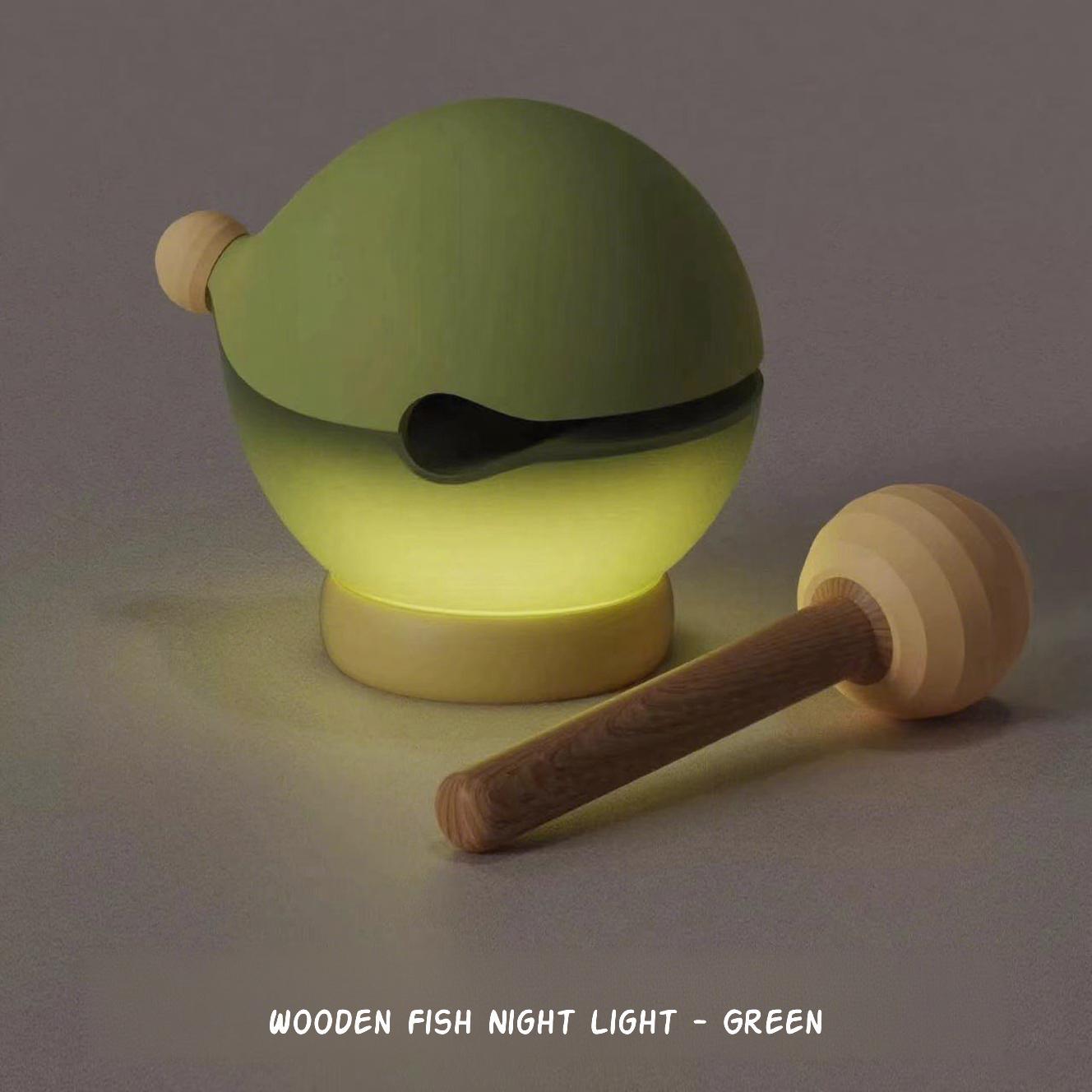 

Wooden Fish Night Light Knock Activated Color Changing Dimmable USB-C Rechargeable Mood Lamp for Stress Relief Kid Bedroom Decor зелений