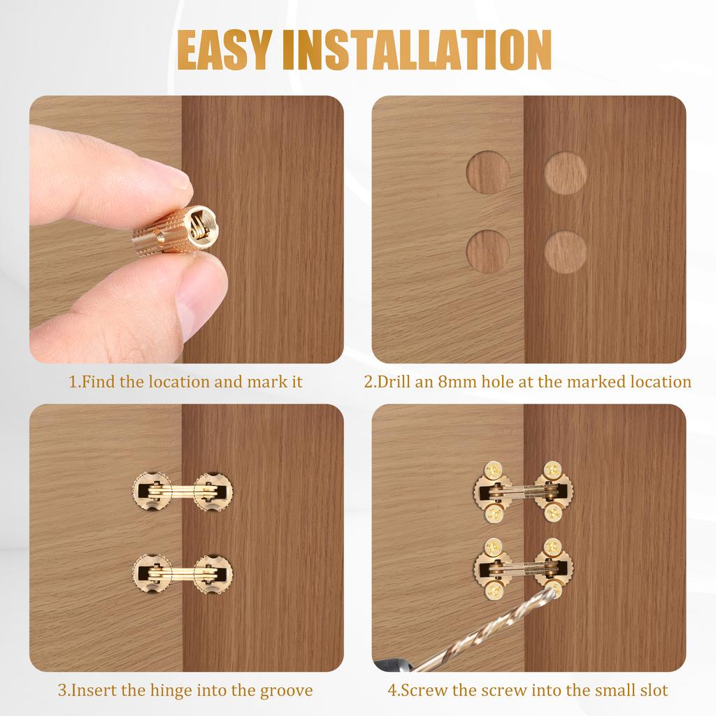 10PCS 8mm Hidden Brass Barrel Hinges 180 Degree Opening Angle Concealed Furniture Hinges for DIY Jewelry Box Hand Craft