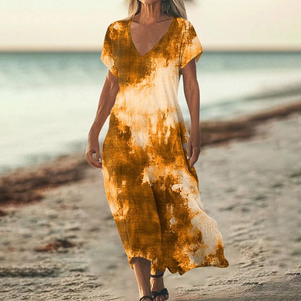 Mode Damen Sommer V-Ausschnitt Kurzarm Baumwolle und Leinen Vintage Blumendruck Strandkleid