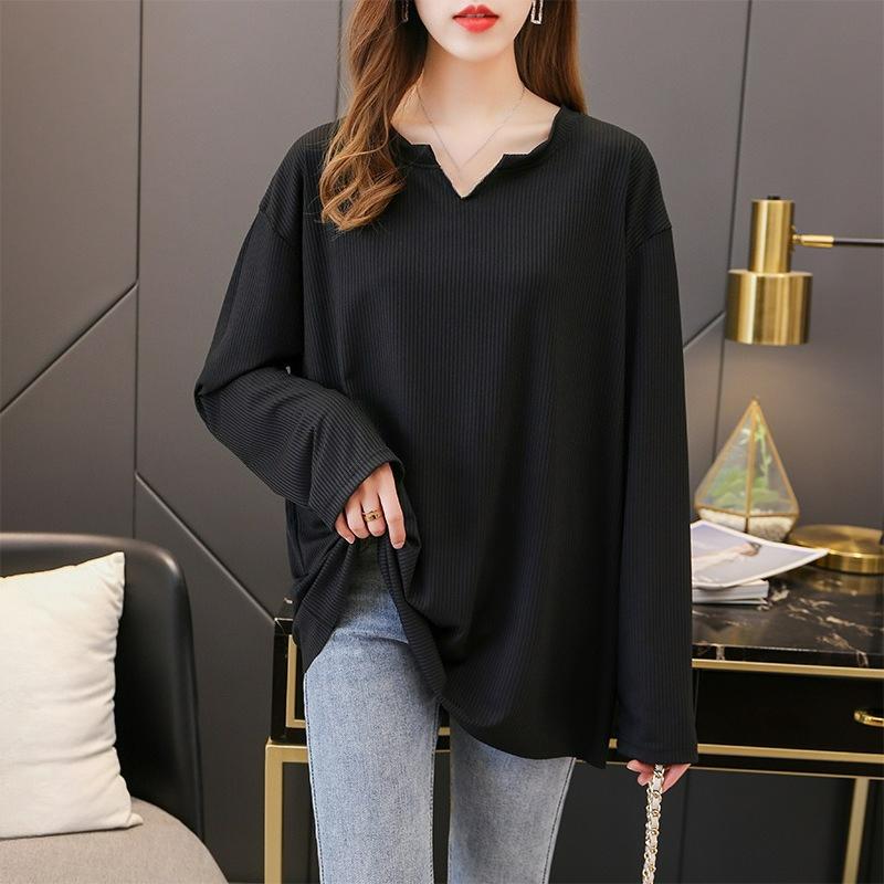 Frühlings- und Sommer-Lässiges Allround-Basics-Shirt, Extra Große Größe, Rippen-T-Shirt, Design-Akzente, V-Ausschnitt, Bauchbedeckend, Dünnes Oberteil, Damen