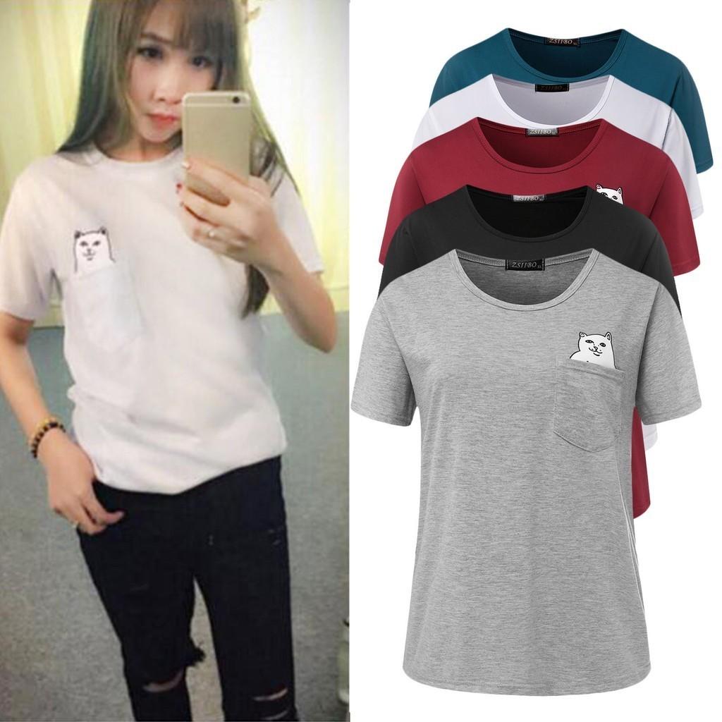 T-shirt Casual in Puro Cotone da Uomo con Stampa Gatto Cartone Animato Estate