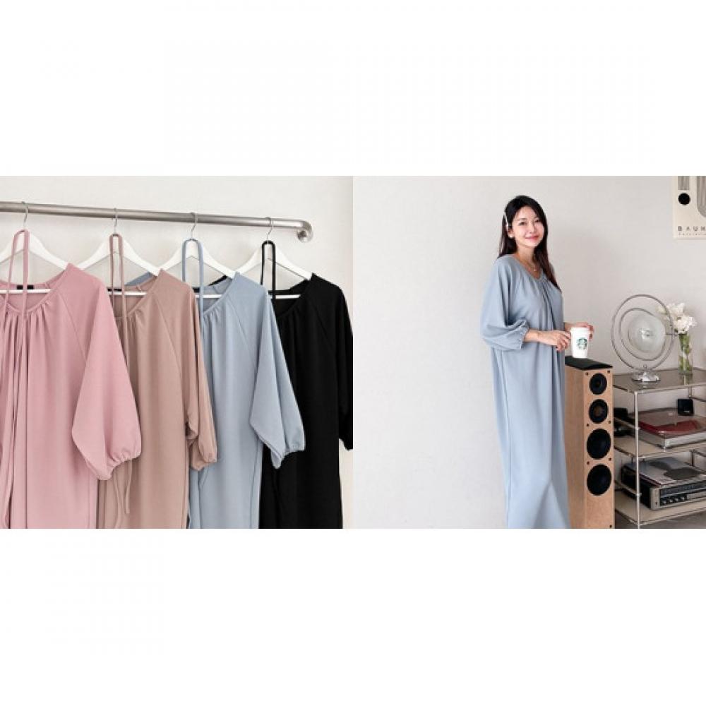 Shop   Women RAglAn Round Neck WAist AdjustAble Shirring 3 4 Sleeve Long Dress A