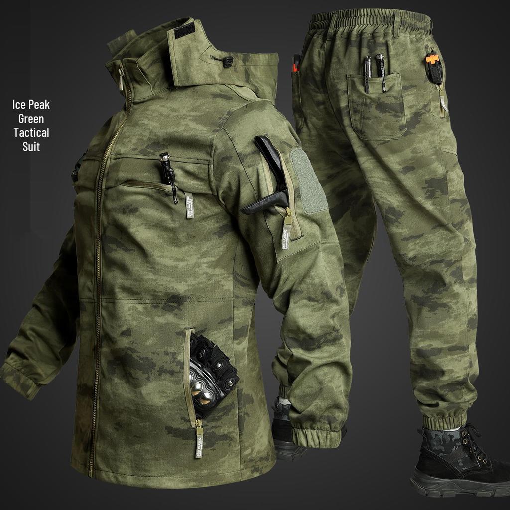 Men's Breathable Camouflage Suit Set: Durable Workwear and Tactical Jacket for Spring and Autumn.