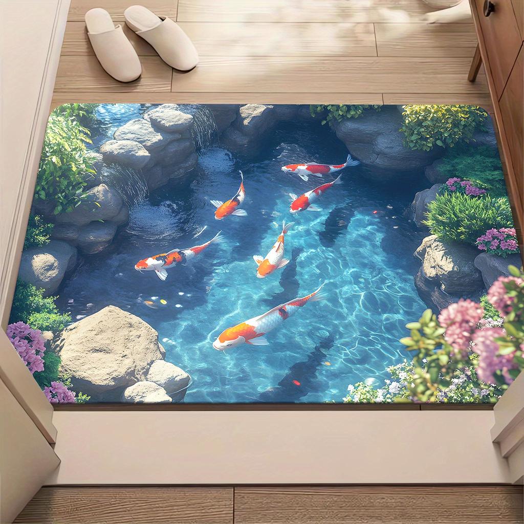 Vibrant Carpet 3D Koi Pond Print 1pc Comfortable Crystal Velvet Carpet Machine Washable Floor Mat Home Decor