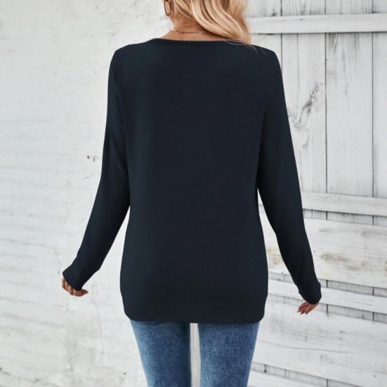 Women Tops V-Neck Long Sleeve Side Buttons Decor Casual Pullover Tops Solid Color Spring Autumn Blouse