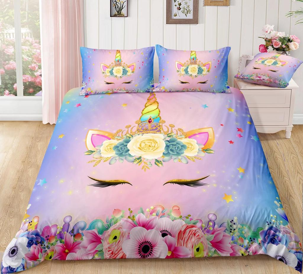 Cartoon Unicorn Duvet Cover Floral Rainbow Quilt Cover Microfiber 3D Girl's Eyelash Bedding Set Full For Kids Teen Kawaii Room