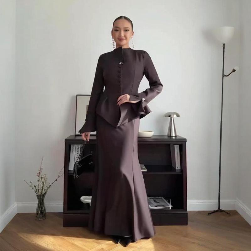Women's Solid Color Bodycon Long Skirt Set with Long Sleeve Mock Neck Top