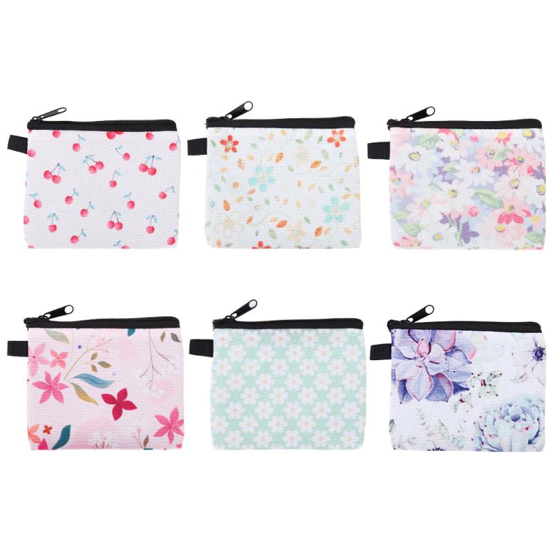 6pcs Coin Purse Floral Printing Fresh Feminine Product Pouch For Women Teens Girls