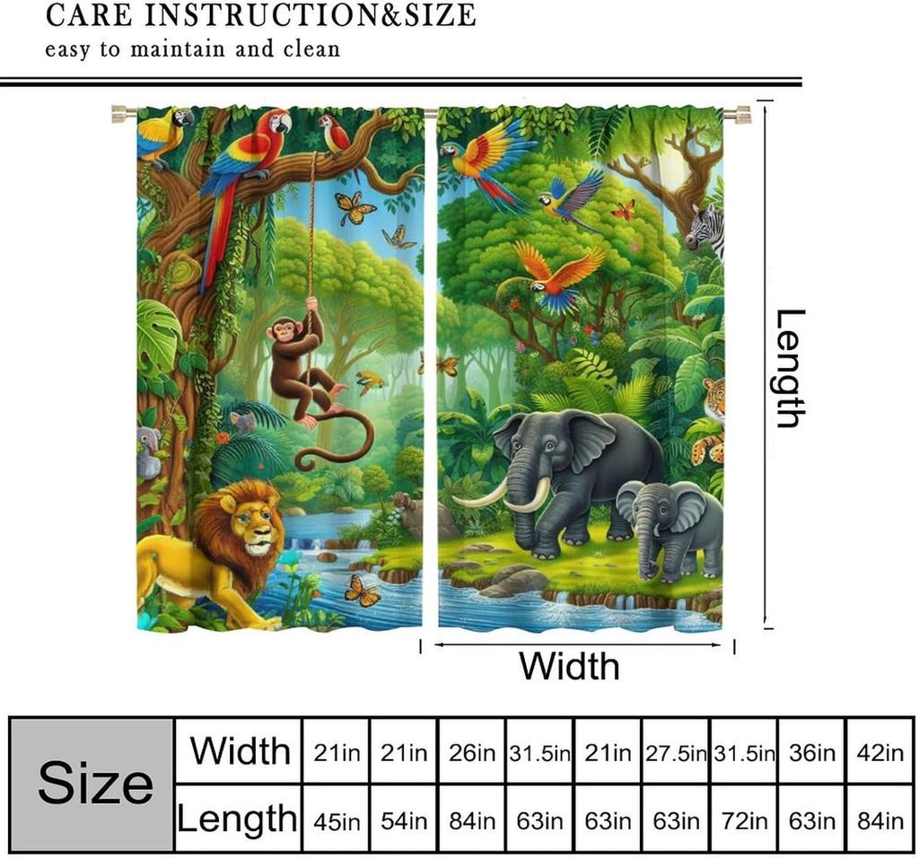 Animals Window Curtain Cartoon Jungle Forest Elephant Lion Print Curta For Kids Boys Girls Nursery Baby Bedroom Playroom Home