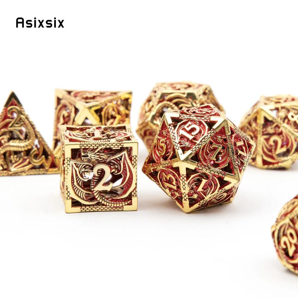 7 Pcs Golden Red Dragon Metal Dice Hollow Metal Polyhedral Dice Set Suitable For Role-Playing Dice PropBoard Game Gift