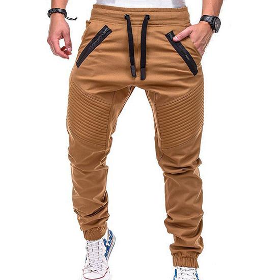 

Весенне-осенние мужские повседневные модные спортивные штаны на резинке с завязками, брюки с разрезами на двойной молнии M хаки