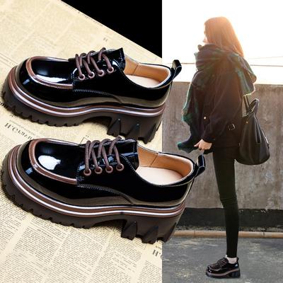 Ronde neus kleine leren schoenen Britse stijl nieuwe herfstkleurcombinatie dikke hak dikke zool verhoogde hoogte