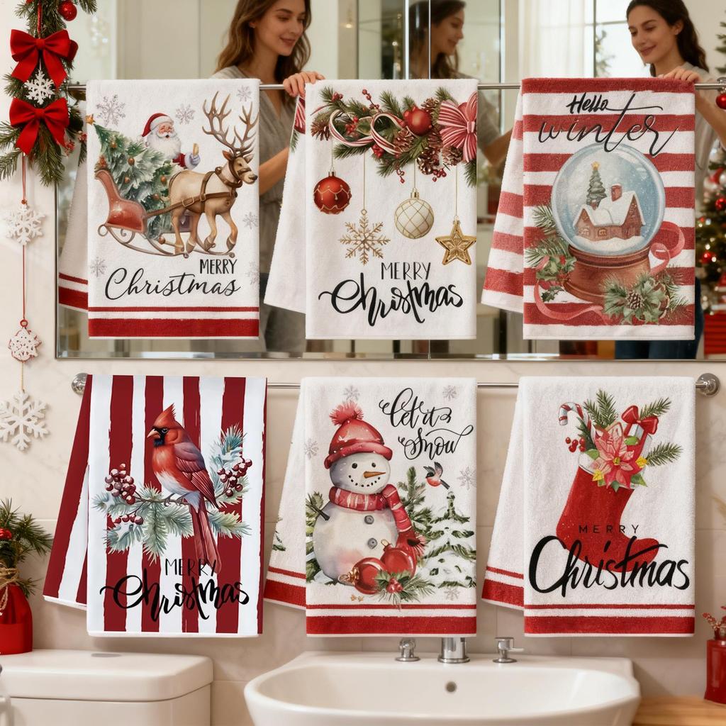 Christmas Towels 6-Piece Seasonal Home Decor Christmas Dish Towels Set Bathroom Rags For Home Farmhouse Desktop Wall Party
