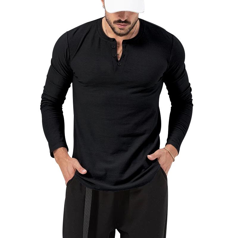 

2026 European Men s Solid Color Round Neck Henley T-Shirt Long Sleeve Casual Sports Base Layer XL чёрный