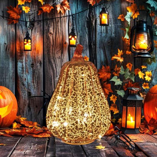 Glass Pumpkin Lights LED Lighted Pumpkin Fall Thanksgiving Table Centerpiece for Bedroom Bathroom Hallway Home Decoration