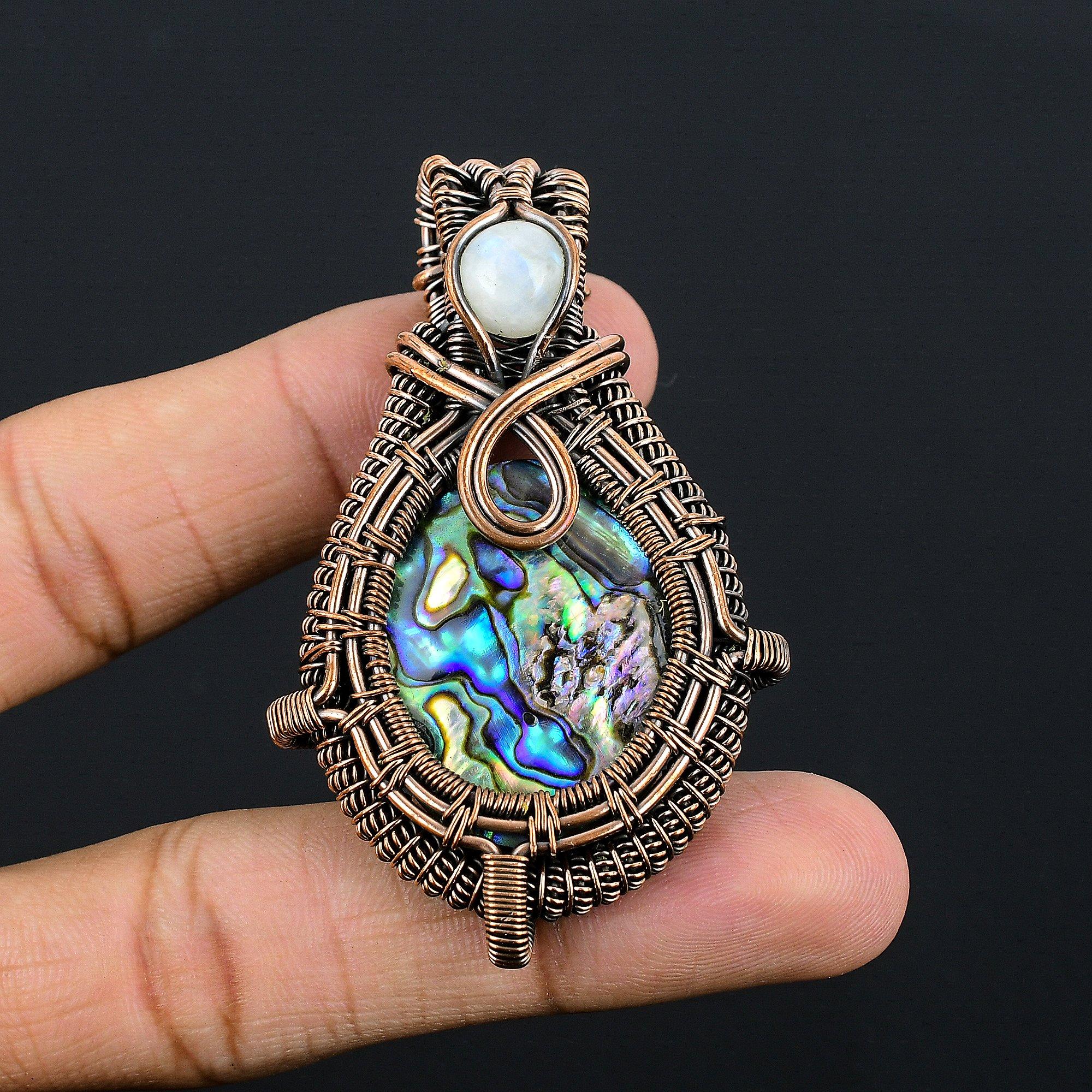 

Abalone Shell & Rainbow Moonstone 999 Copper Wire Wrapped Pendant, Handmade Gemstone Pendant Jewelry, Gifts For Wife Brand New Pendant 2.55 Inches