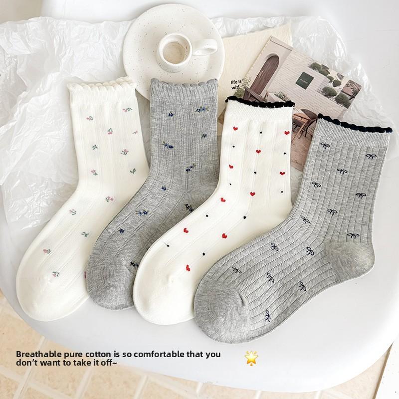Sock Flowered Lace Socks for Spring and Summer Cotton Socks with Bows, Gray and White Mesh Breathable Women's Socks, Sweet Mid-calf Socks