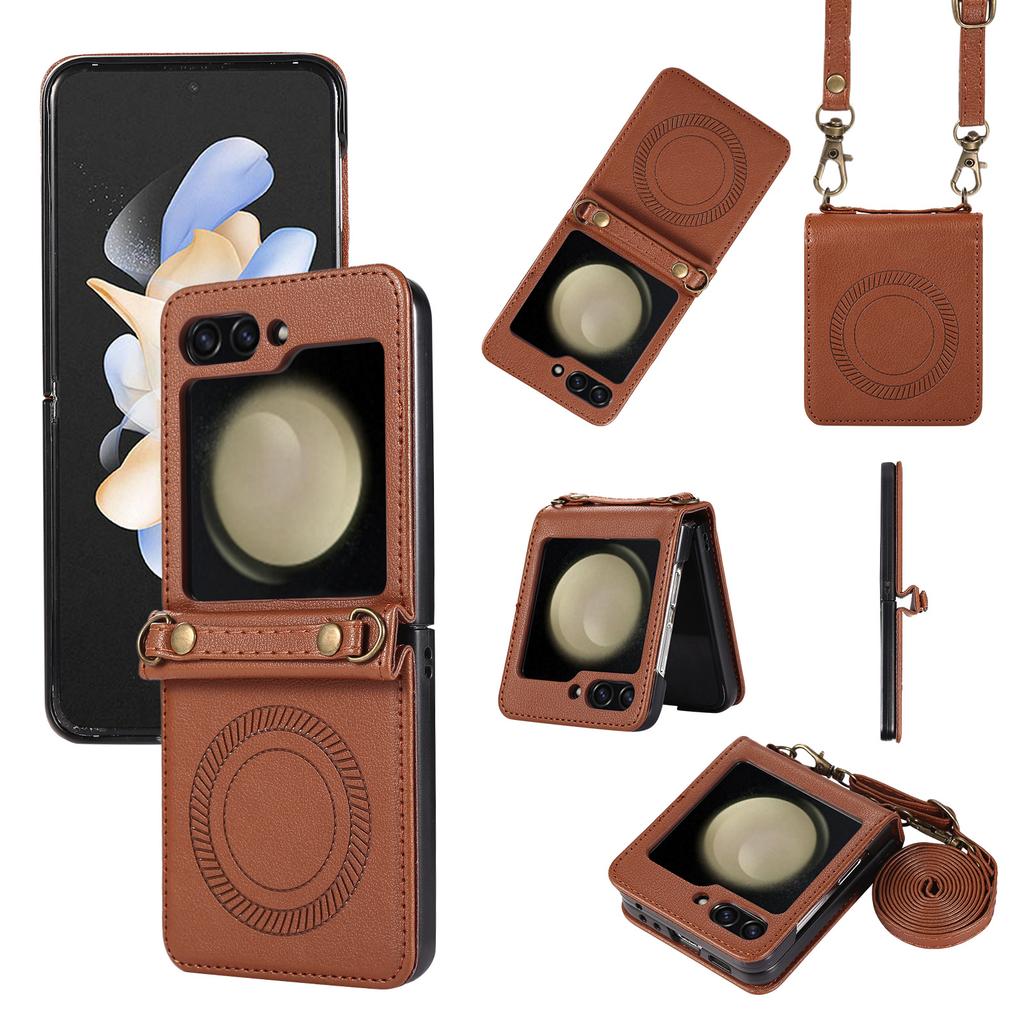 Applicable To Samsung Z Flip6 Mobile Phone Case Zflip5 Solid Color New Magnetic Suction Leather Case Diagonal Straddle Rope Mobile Phone Case