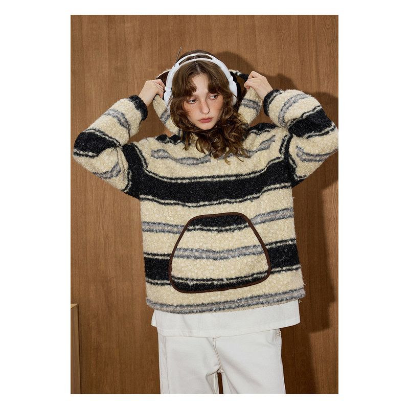 Coolhut Retro Stripesd Contrasting Color Loop Velvet Pullover Hooded Women's Sweatshirt Versatile Winter New Jacket