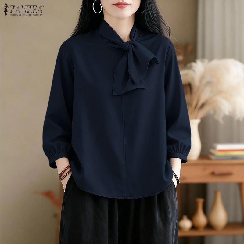 ZANZEA Women Casual Round Neck Solid Color Elegant 3/4 Sleeve Blouse