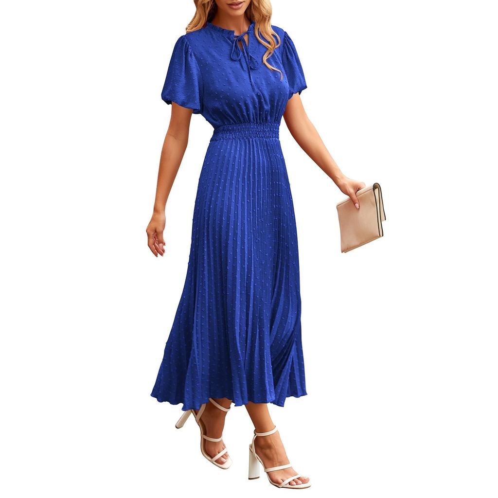 Women's Summer Fashion Loose V-Neck Short Sleeve Tie Solid Color Dresses