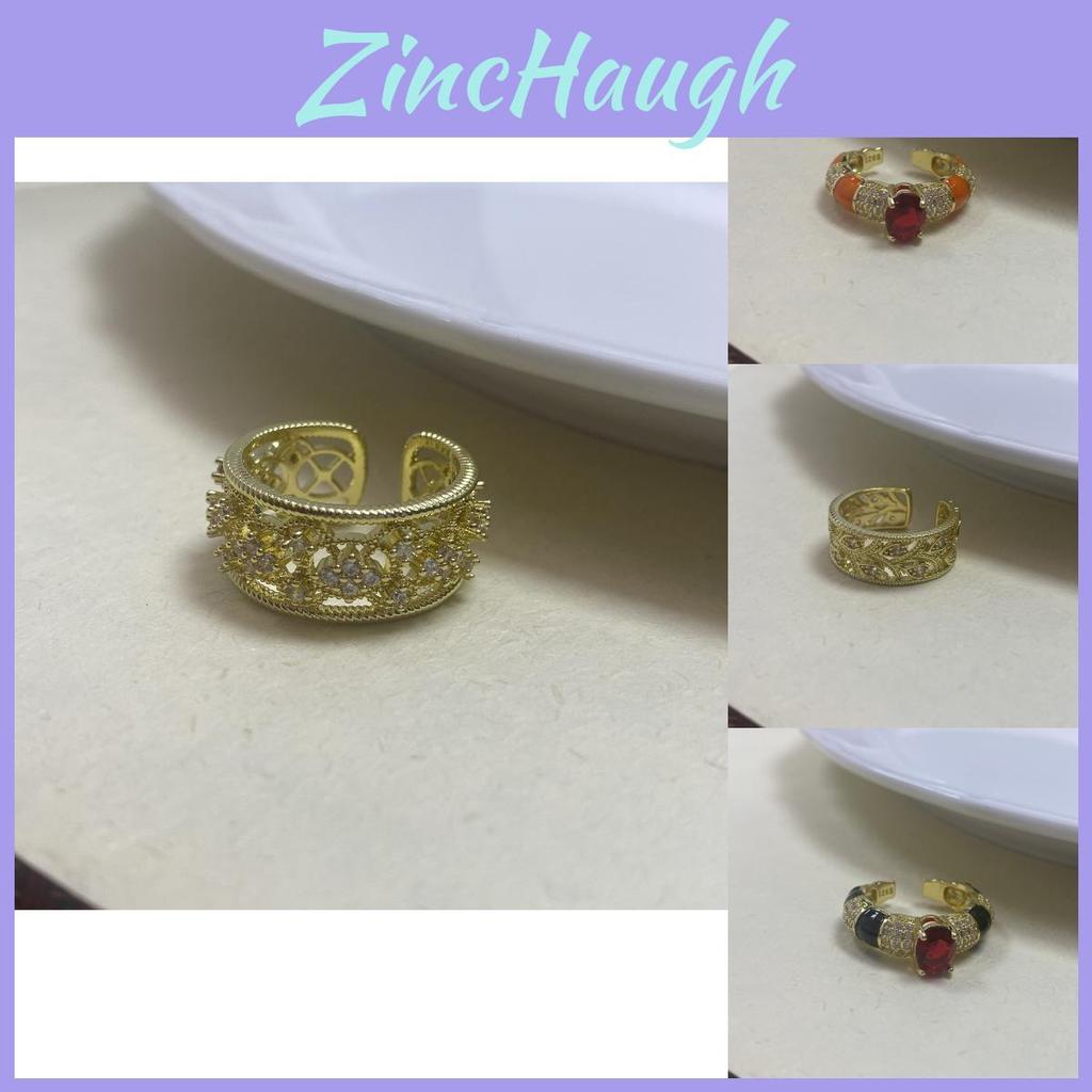 Elegant Vintage Geometric Style Copper Adjustable Ring For Women With Colorful Zircon Stones