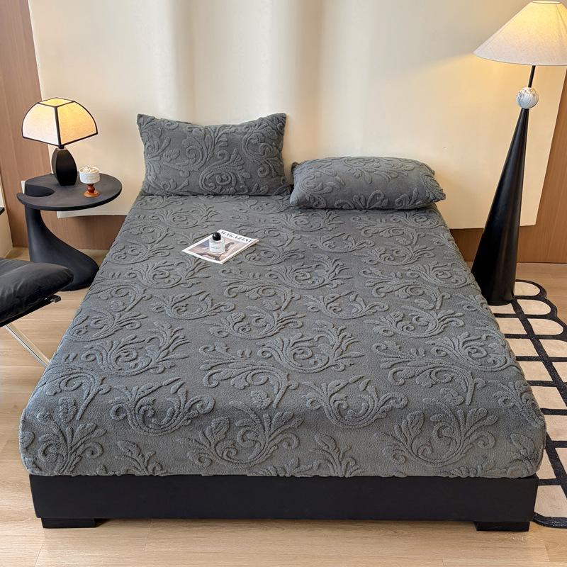 1PCS Plush Embossed Fitted Sheet Thick Warm Bedding for Autumn Winter Soft Comfortable Fabric Deep Pocket Design for Queen King Single  No Pillowcases