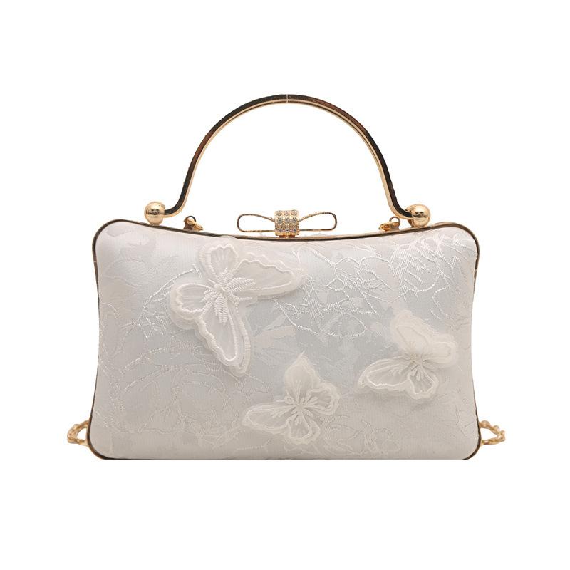2025 New Women's Bag White Portable Small Square Bag New Chinese Jacquard Sweet Wind Butterfly Bridal Bag Dinner Bag