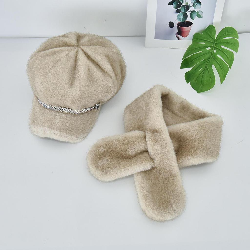 Luxury Faux Mink Fur Beret with Visor for Women, Winter Hat&Scarf Set,Outdoor Peaked Beret with Rhinestone Embellishment