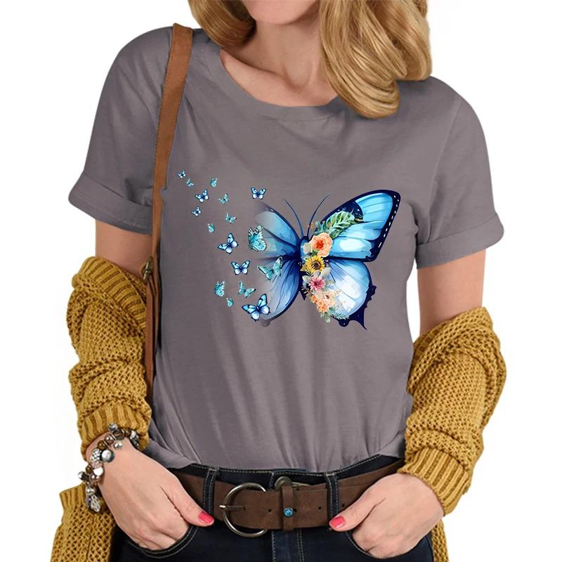 Flower Butterfly Lover Casual Tops Vintage Flower Design Tshirt Female Butterfly Print Premium Casual Short Sleeve TShirt Women