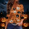 Women's Casual V-Neck 3/4 Sleeve Top with Halloween Print for Holiday Party and Daily Wear