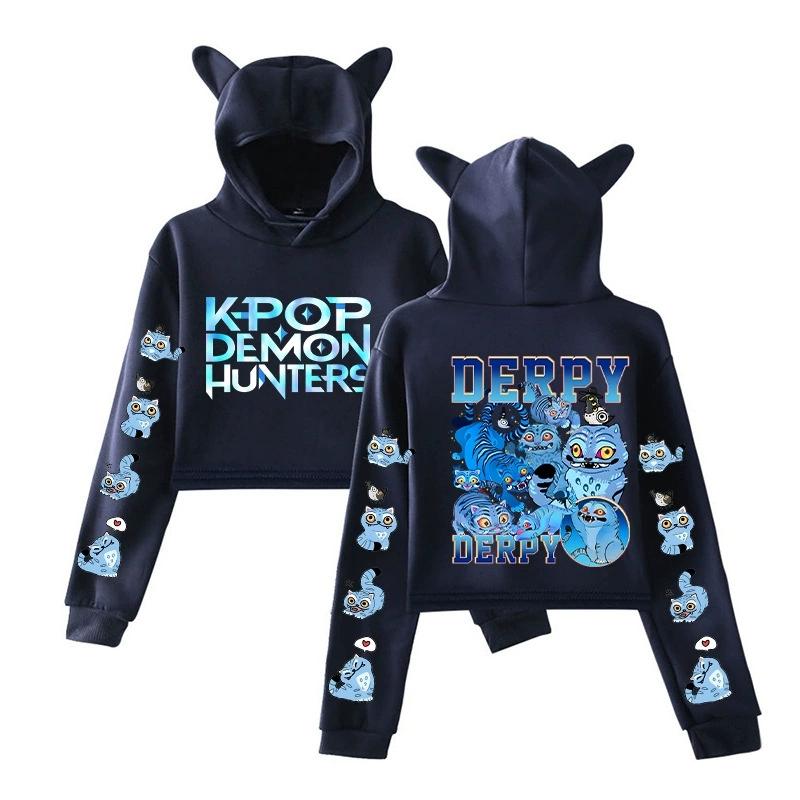 

KPop Demon Hunters Derpy Tiger Graphic Design Crop Tops Sweatshirt Long Sleeve Crop Tops Girls Fashion Hoodie XXS темно-синього кольору