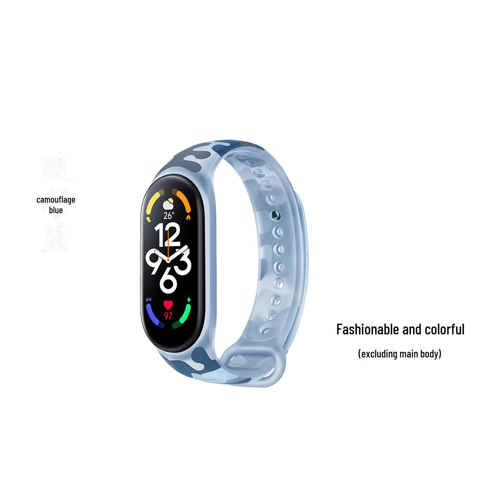 

Ремешок с камуфляжным и прозрачным принтом для Xiaomi Mi Band 7, 6, 5 M7 прозрачный/синий