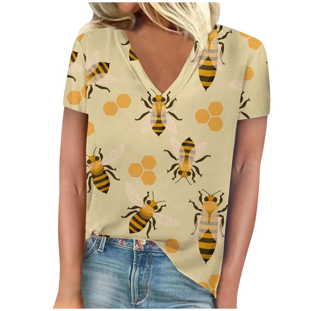 vintage women bee print t shirt short sleeve v neck tops comfortable t-shirts