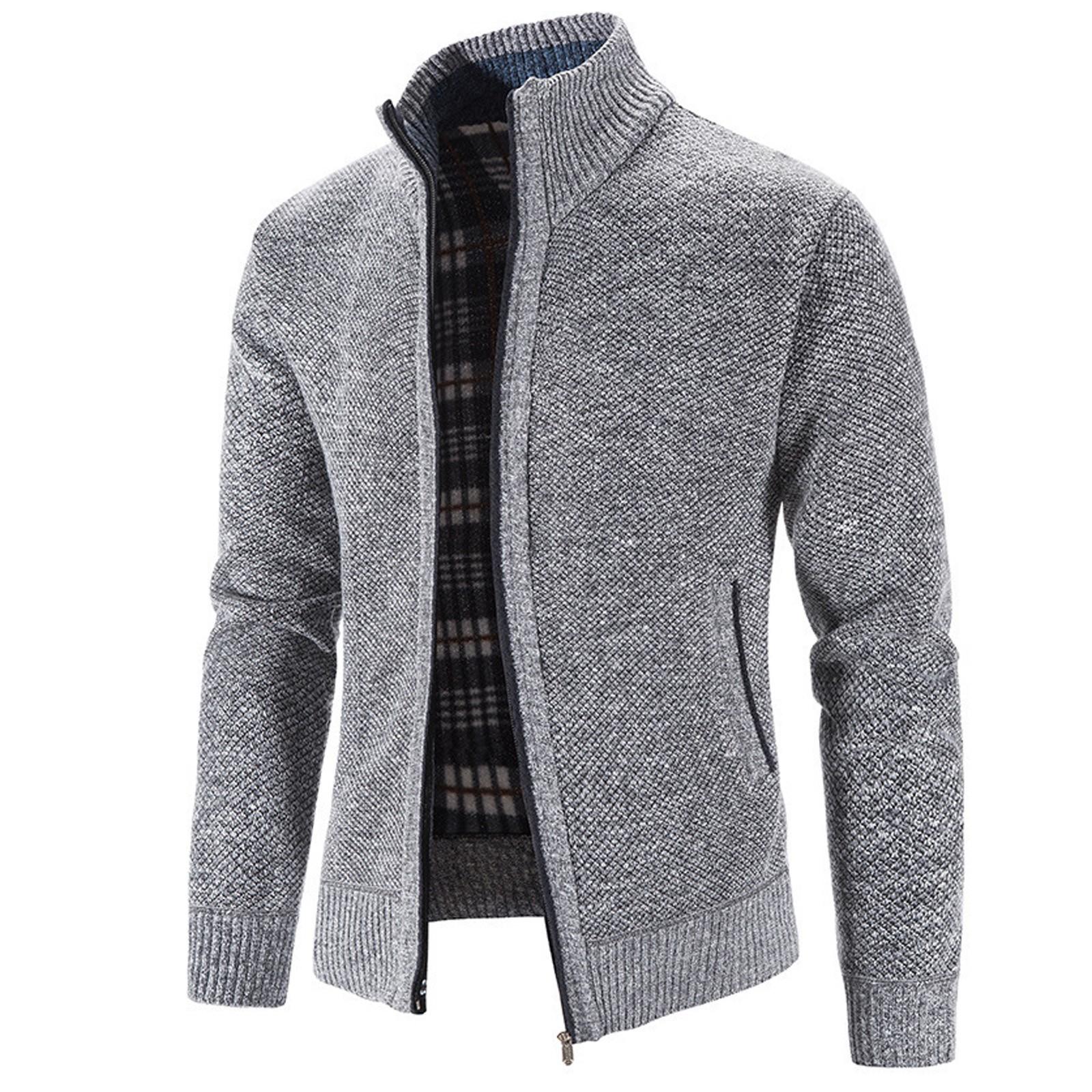 

Men s Plush And Thick Knit Sweater Jacket Casual Stand Collar Zipper Coat XXXXL