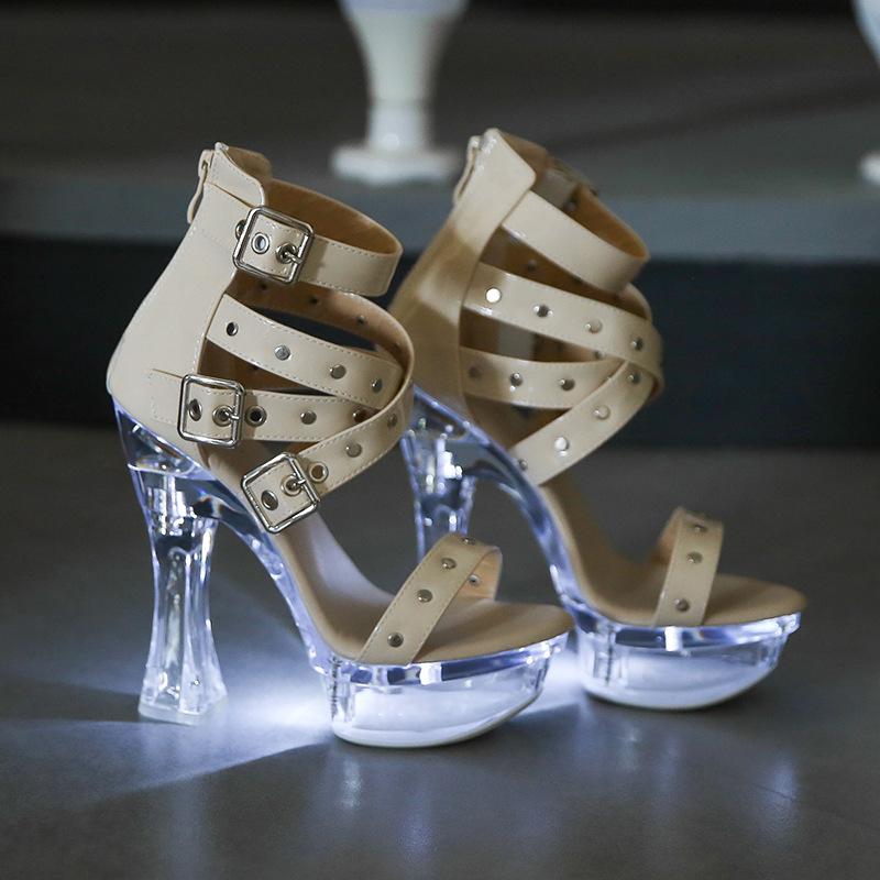 

Римские сандалии со светящимися заклепками и молнией на платформе, прозрачный высокий каблук 43 абрикосовый