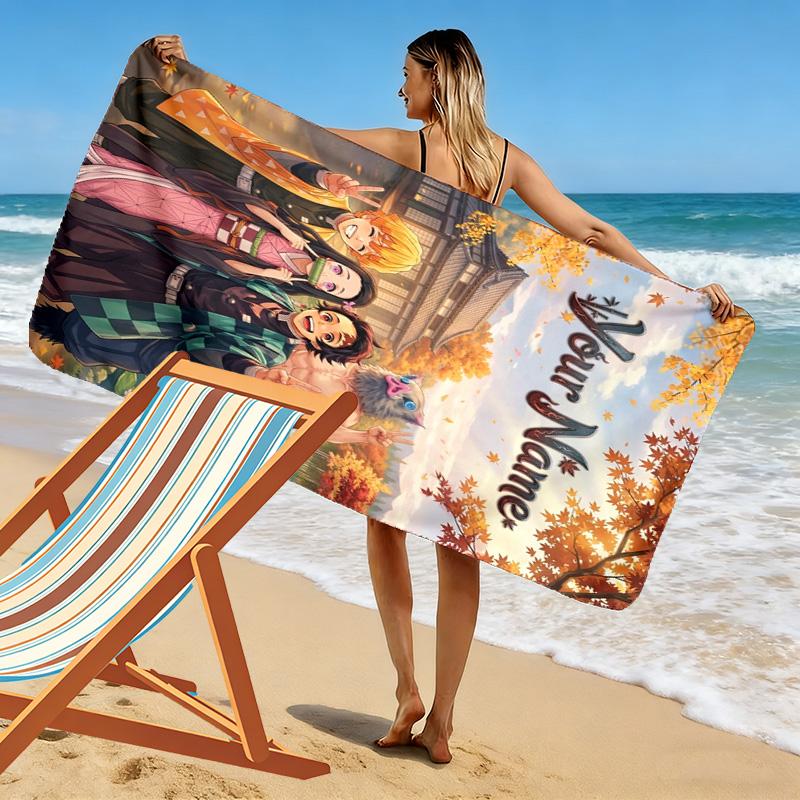Name Custom Demon Slayer Print Beach Towel, Large Soft Quick Dry Towel for Beach Camping Swimming
