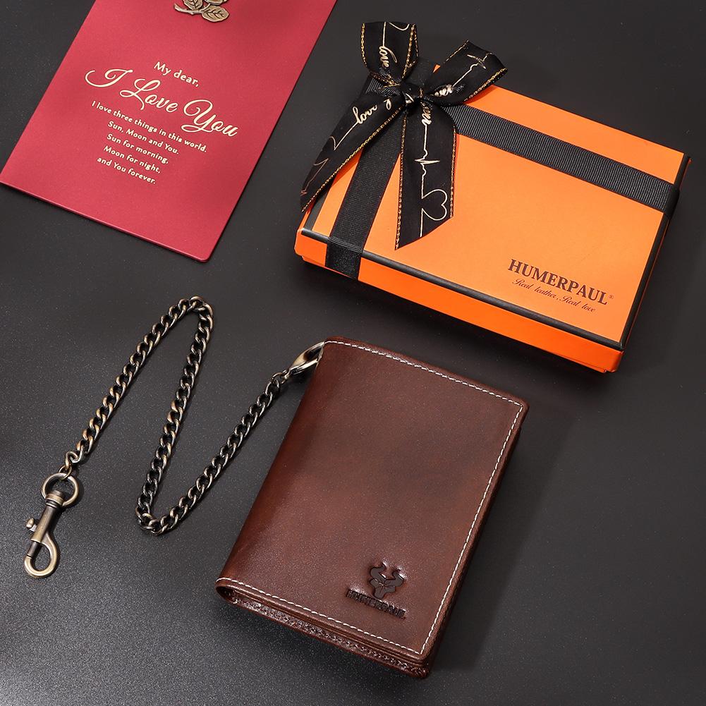 Humerpaul Συσκευασία συσκευασίας δώρου Γνήσιο δέρμα Ανδρικό πορτοφόλι Rfid brush slim card bag Αντικλεπτική αλυσίδα
