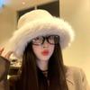Harajuku Faux Fur Bucket Hat Solid Color Luxury Plush Hat Elegant Winter Fluffy Hat  Windproof