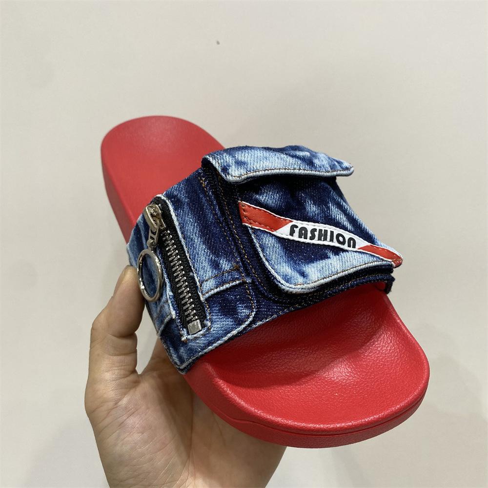 Fashion 2025 Summer New Pocket Denim Flat Slippers Comfortable Casual Size 47 48 Thick Soled Men's Women's Multi-color Outdoor Sandals