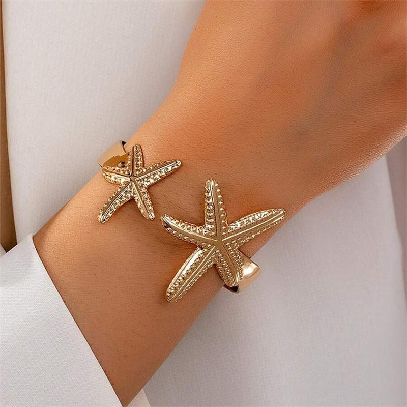 Trendy Metal Starfish Open Cuff Bangles For Women Boho Gold Color Geometric Bracelet Summer Beach Party Aesthetic Jewelry Gift