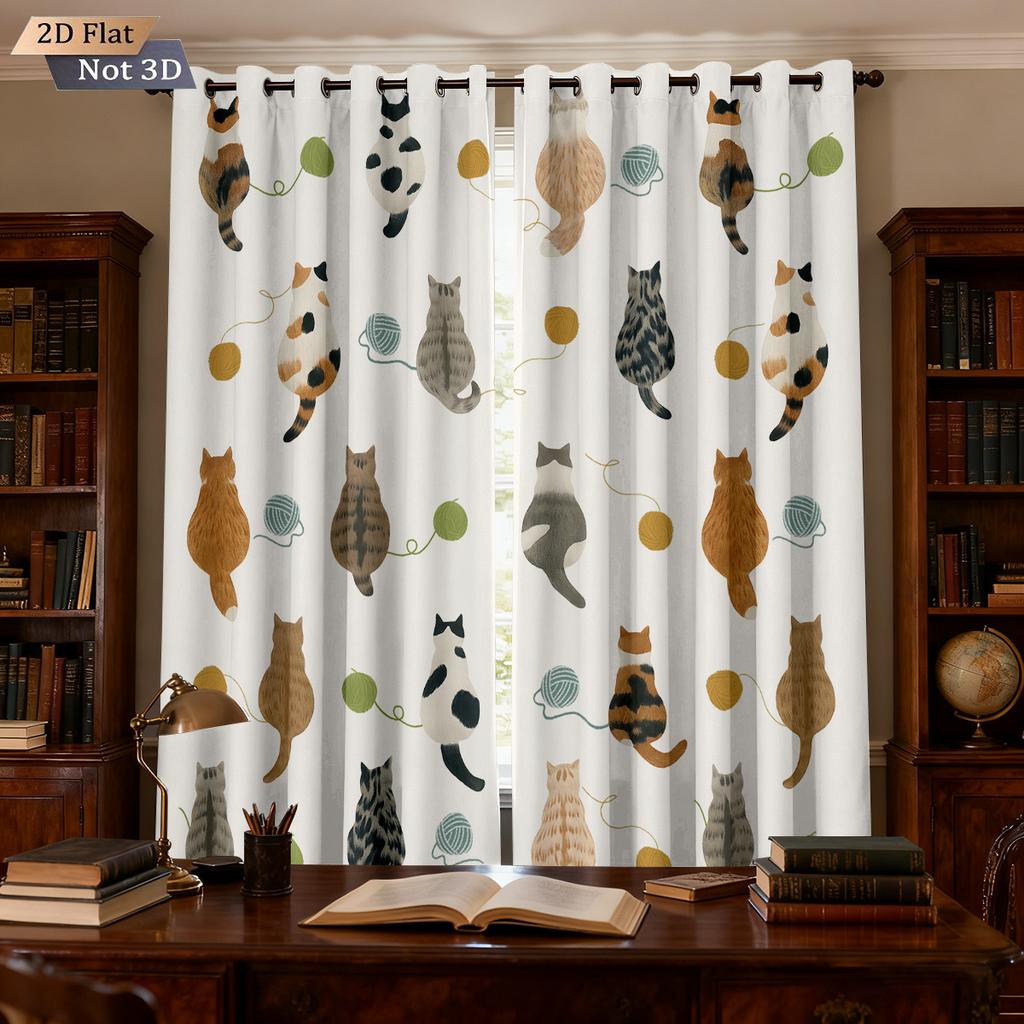 2pcs Cartoon Cute Cat Printed Perforated Blackout Curtains   Multi Size Living Room Insulation Decoration   Easy Installation