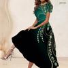 Women Plus Size Round Neck Short Sleeve Printed Light Purple Gathered Waist A Line Long Dress