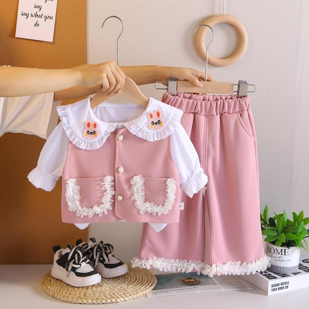 გოგონების სამნაწილიანი კომპლექტი გრძელმკლავიანი ტანსაცმლით, საყვარელი მაქმანებიანი ჟილეტი გოგონებისთვის 0-5+ წლის ასაკში+ლაპელიანი პერანგი+შესაბამისი გრძელი შარვალი, მაღალი ხარისხის ტანსაცმელი